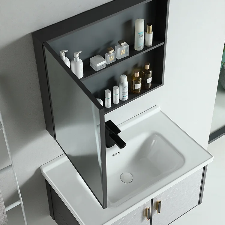 Modern hotel bathroom furniture aluminum cabinet single sink floating wall mounted mirror hanging bathroom vanity details