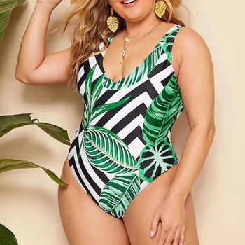 2024 New plus size one-piece leaf printed bikini swimsuit