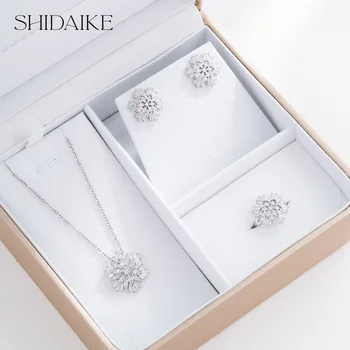 Luxurious Women's Gold Plated Copper Necklace Earrings Rings Set Colorful Diamond Zircon Fashion for Christmas Gifts