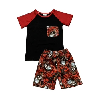 Custom Printed Halloween Elements Pattern Children Suit Boutique Girls Suit Red and Black Color