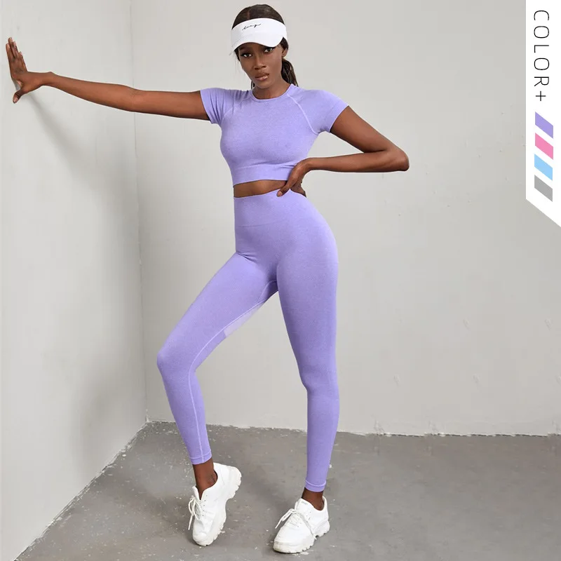 Women's Seamless Short Sleeve T Shirts Tights Leggings Two Piece Set Yoga Gym short Set for Sports Fitness Wear