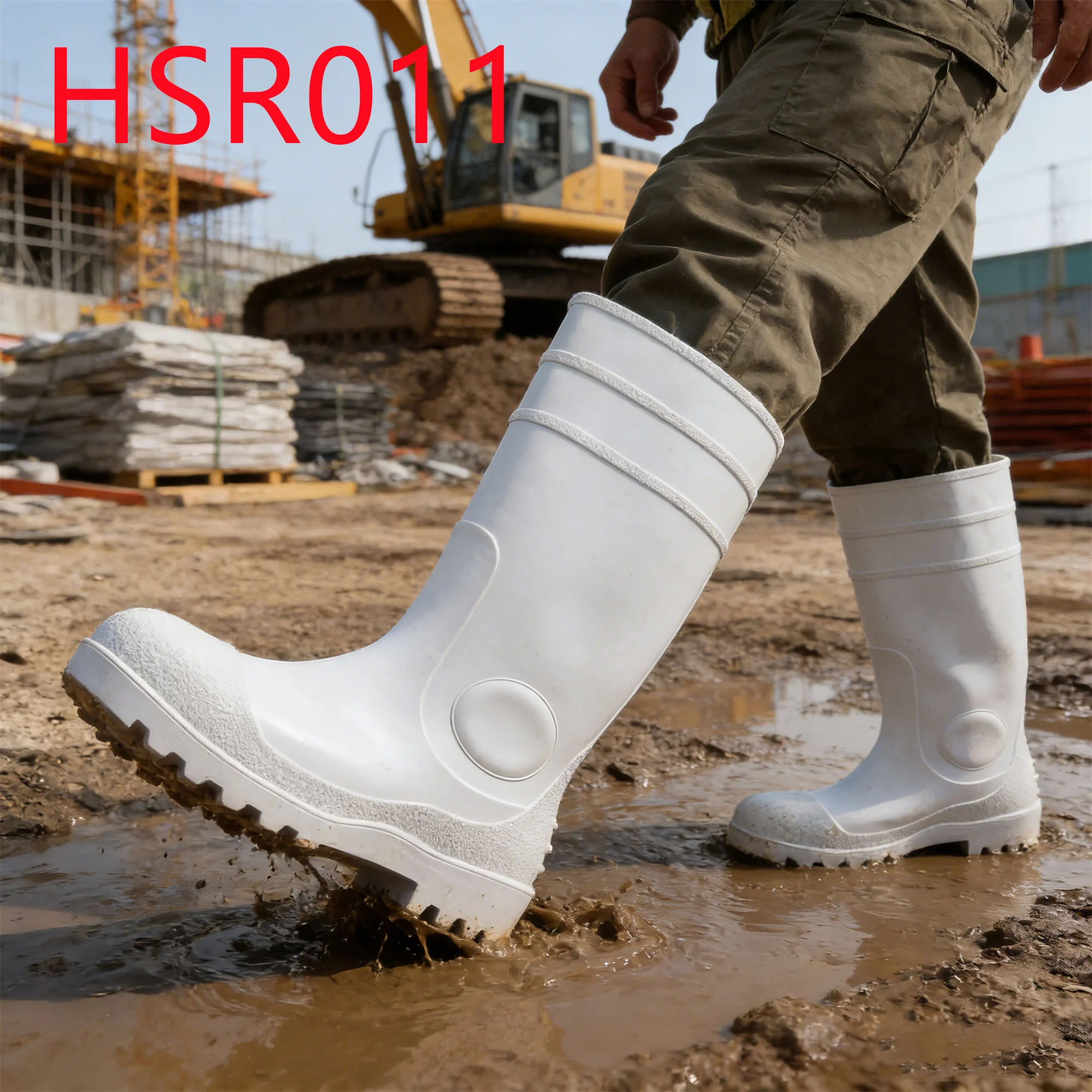 HY, All-season Suitable One-shot Molding PVC Work Gumboots Steel Toe Insert Self-clean Tread White Rubber Boots for Sale HSR011