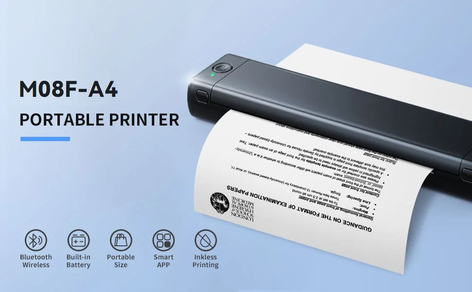 Imprimante thermique portable M08F A4, papier thermique A4, imprimante de  voyage mobile sans fil, imprimante pour ordinateur portable Android et iOS