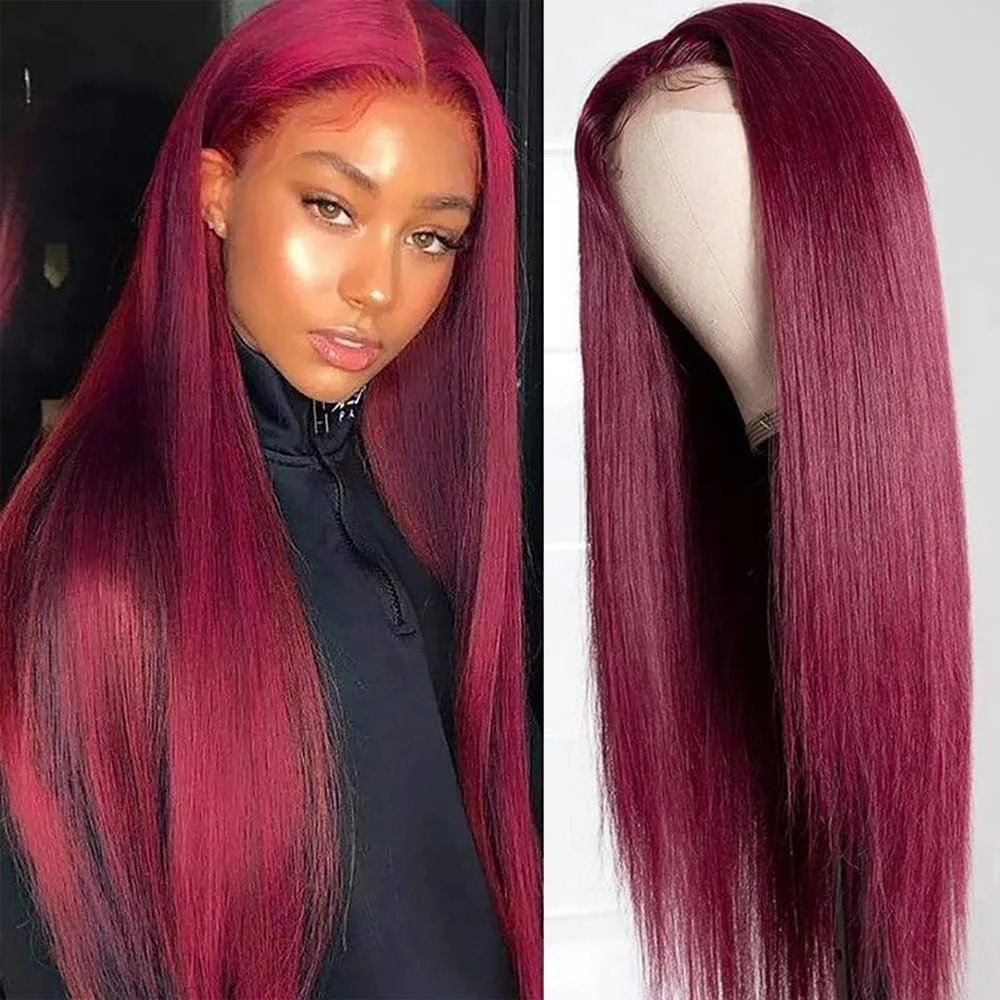40 Inches Red Color Silky Straight Cuticle Aligned Human Hair Lace Frontal Wigs With Baby Hair