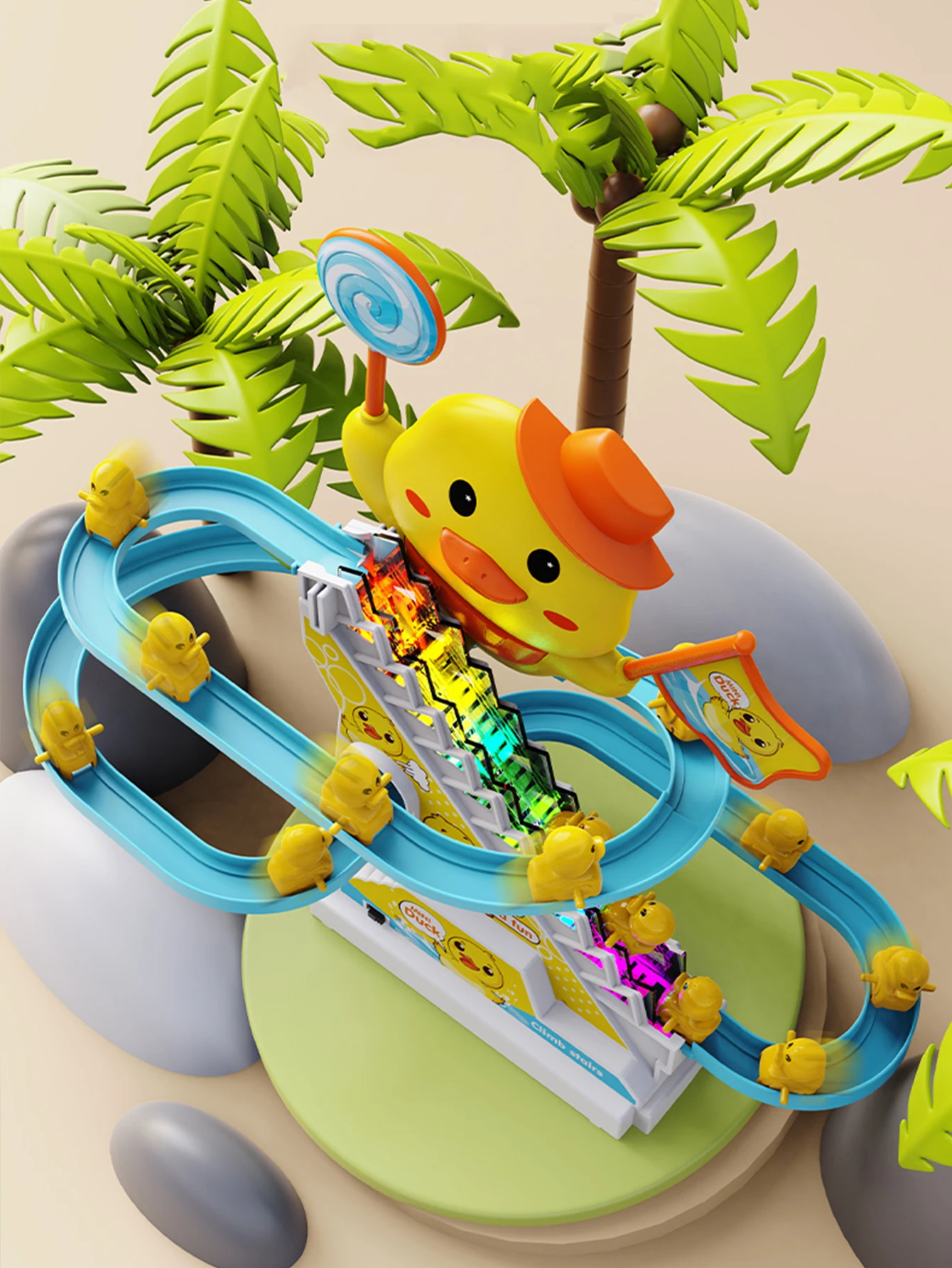 Children's Duck Climbing Stairs Toy Electric Track Automatic Stairs Duck Slide Light Music Puzzle Early Education Toy