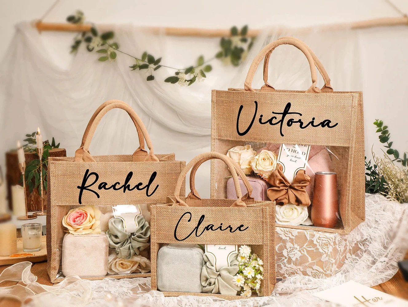 Wholesale Custom Printed Logo Portable Wedding Gift Tote Bags Hessian Linen Jute with Cotton Rope Handle and Transparent Window