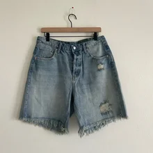 Distressed Baggy  Button Up Front Shorts for Women Fringed Bottom Denim Jorts