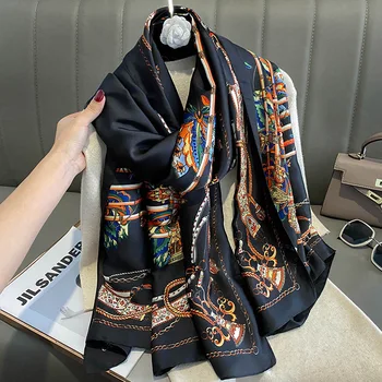 Fashion Jewelry and Accessories Floral and Chain Print Twill Silk Scarf -  Navy - 123Stitch