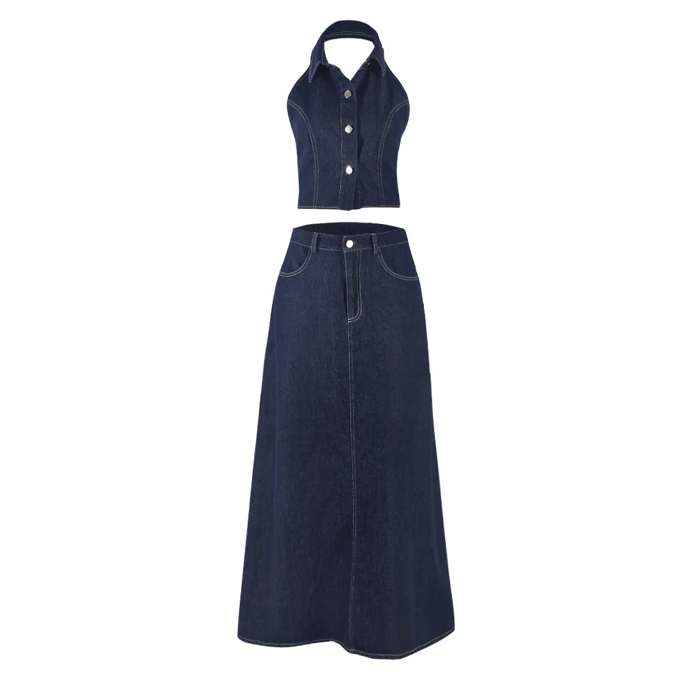 Women’s Summer Denim Two-Piece Set with Halter Crop Top and Maxi Skirt