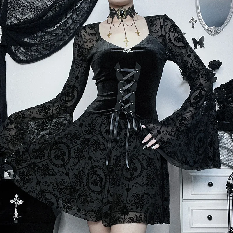 Gothic Style Dark Bell Sleeve Mesh Flocking Long Sleeve Dress Women's  A-Line Skirt Halloween Costume