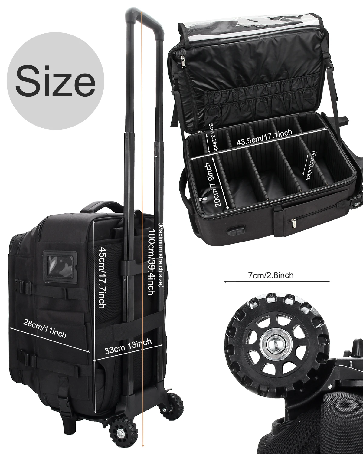 ReIaveI Adjustable Makeup Artist Handcart Hairdresser Backpack USB Rolling Train Case Zipper Closure for Hairstylist Travel Bag