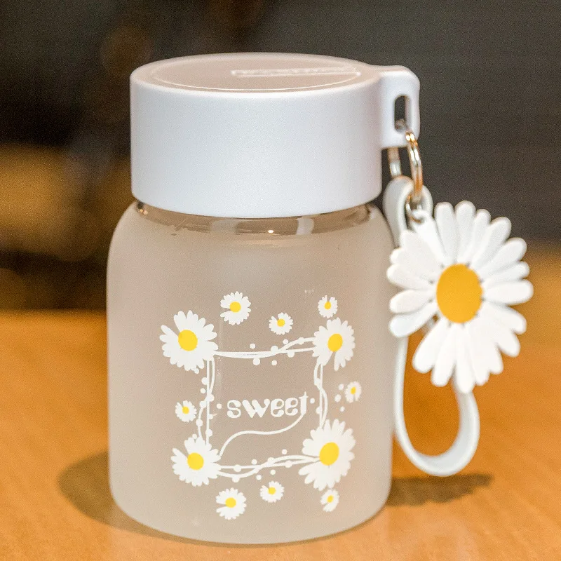 350ml Heat Resistant Small Daisy Frosted High Borosilicate Glass Juice Water Bottles With Portable Rope Travel Tea Cup