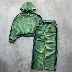 Custom logo Tracksuits Heavyweight Cotton French Terry Vintage Distressed Vintage Washed Hoodie Women Hoodie and Sweatpants Set