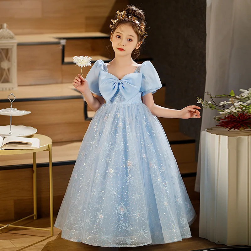 S2074r New Bow Cute Blue Summer Sweet Fairy Playful Flower Embroidery Fashion Flower Girl Dress