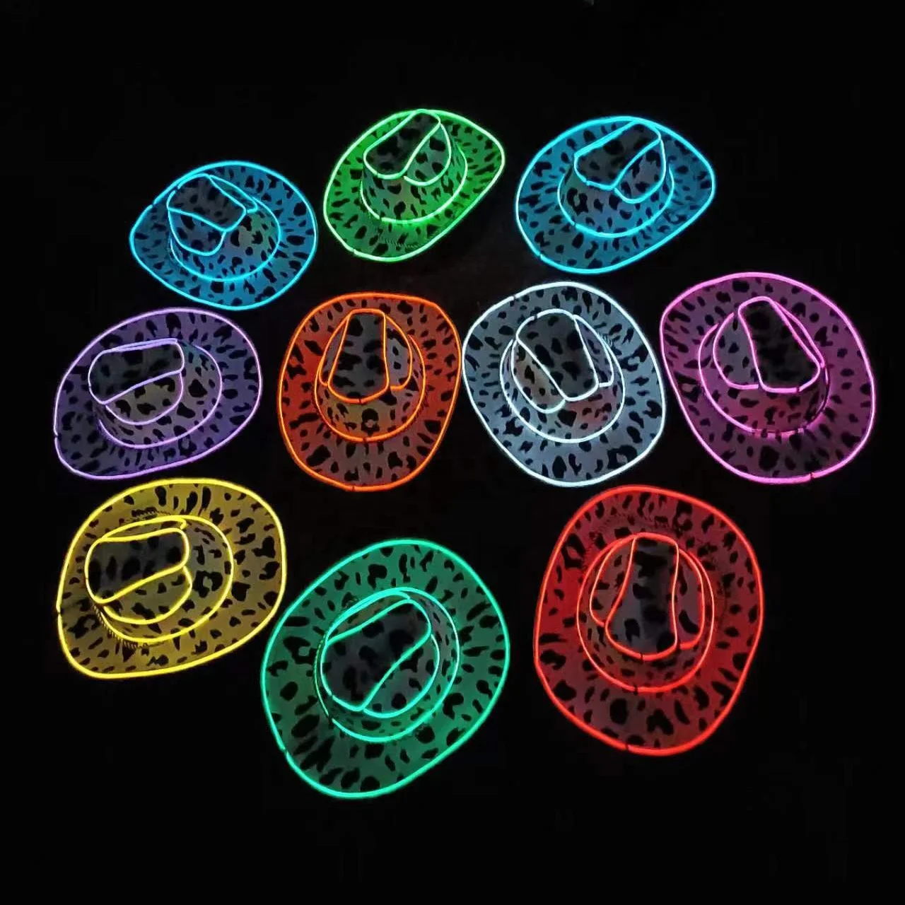 Neon Led Light Up Cowboy Hat Fun Cow Print Hat Unisex Black And White