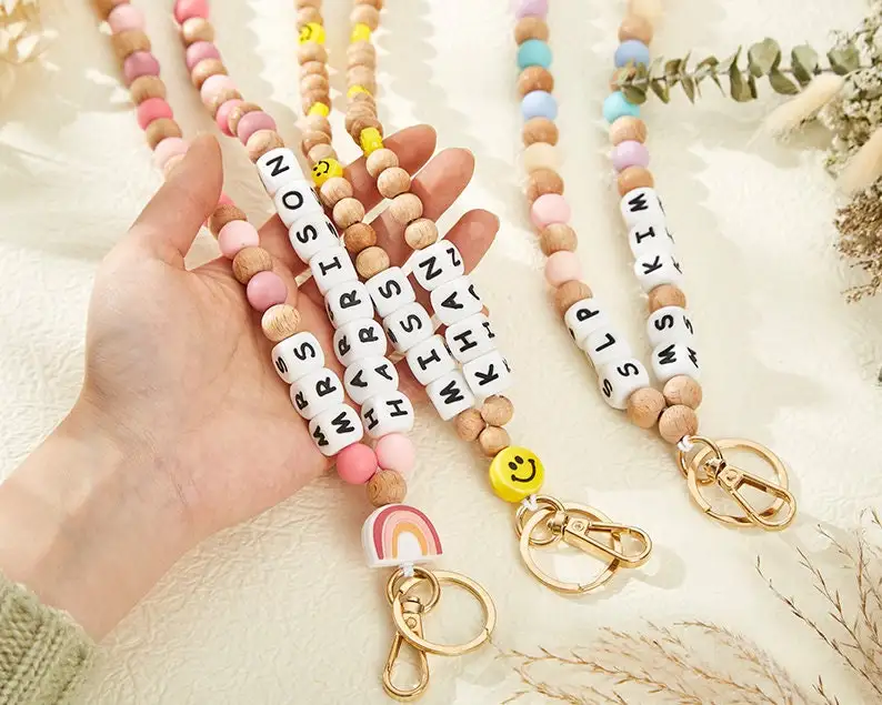 7-Piece Teacher Beaded Lanyard Set - DIY Silicone Bead Lanyards With Wooden Name Tags & Paint Pen