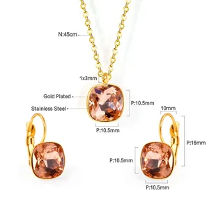 Colorful Zircon Link Chain Necklace and Earring Set Gold Plated Stainless Steel Jewelry Set Wholesale