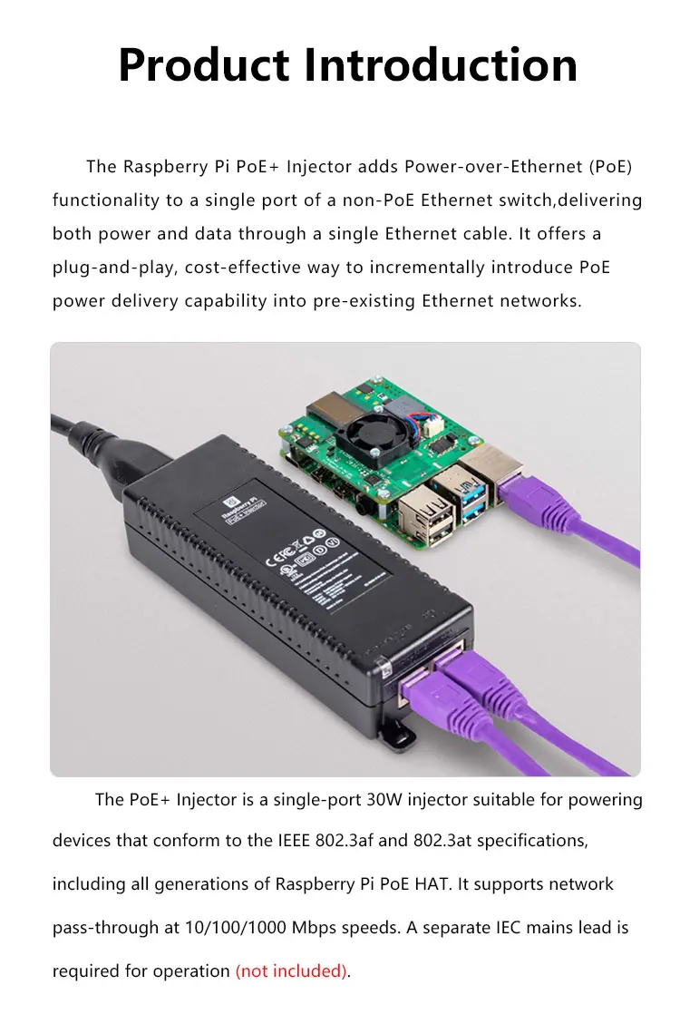 Raspberry Pi POE+ Injector Single-port 30W, Supports Network Pass ...