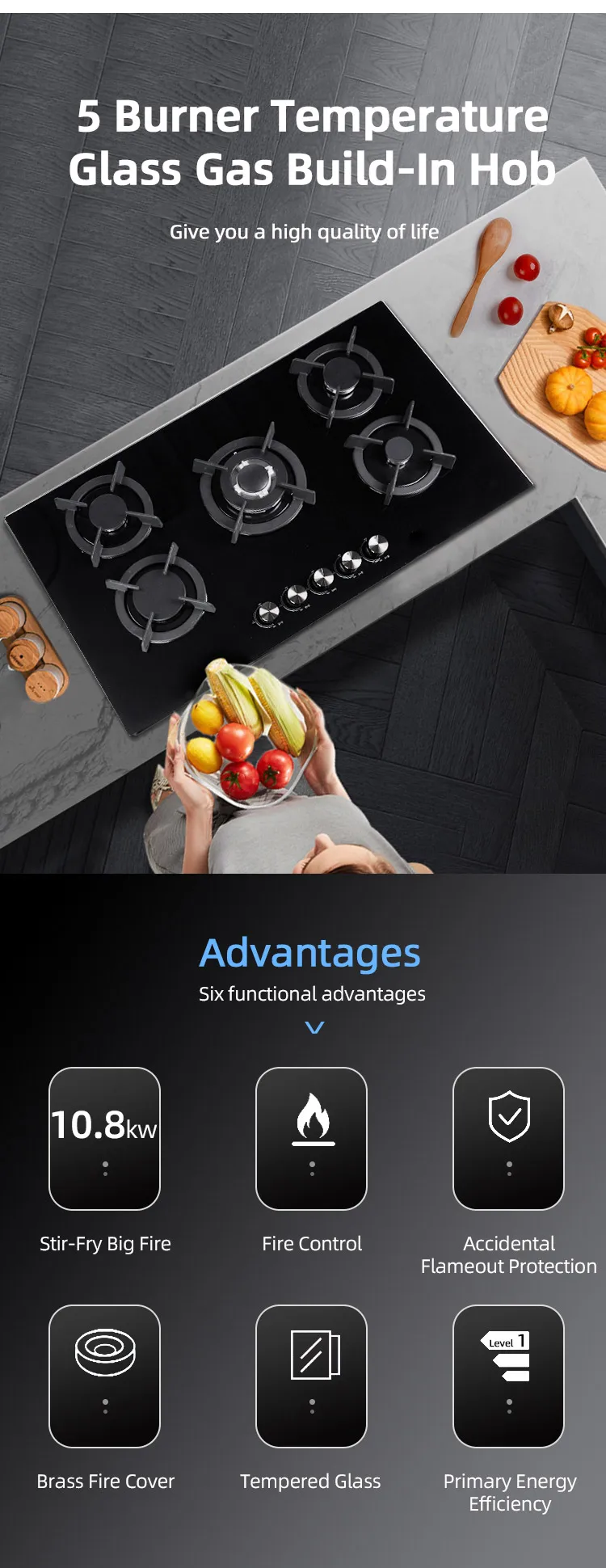 Hot Sale 5 Burner Gas Stove Tempered Glass Gas Buildin Hob Black