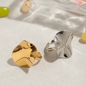 MW Women's European and American Style Waterproof 18K Gold-Plated Stainless Steel Geometric Crinkled Minimalist Open Ring