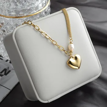 XL22165 Fashion 18k Gold Plated Stainless Steel Chain Link Baroque Freshwater Pearl Heart Pendants Necklaces Women Jewelry