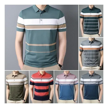 Manufacturer wholesale men's Polo shirt T-shirt middle-aged men's business lapel striped ice silk large size men's Polo shirt