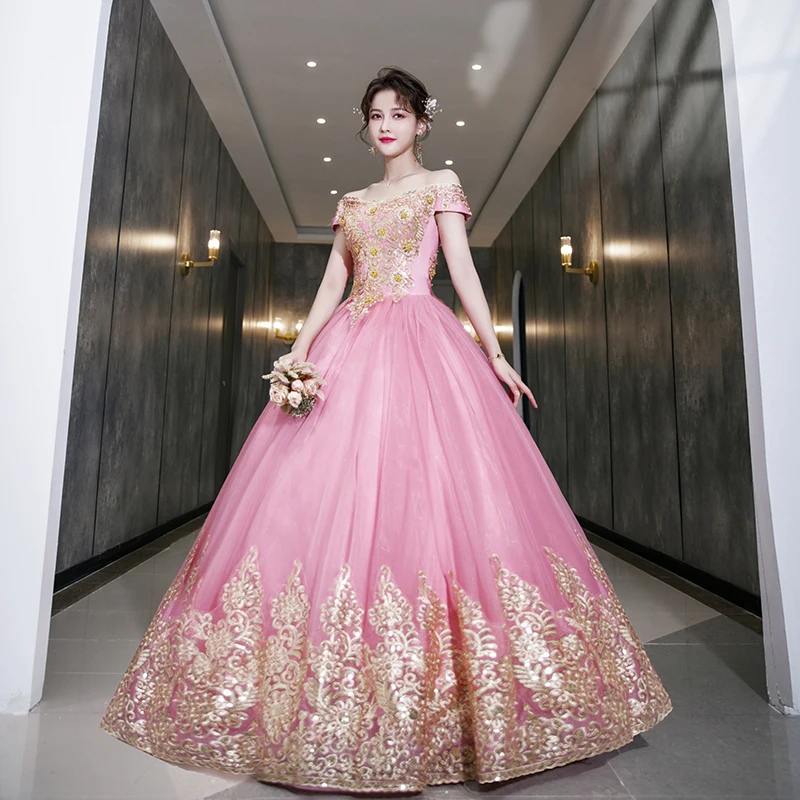 Applique Gold Lace Strapless Ball Gown Evening Dress Red Muslim Asian European American Traditional Dress Applique Gold Lace Strapless Ball Gown Evening Dress Red Muslim Asian European American Traditional Dress