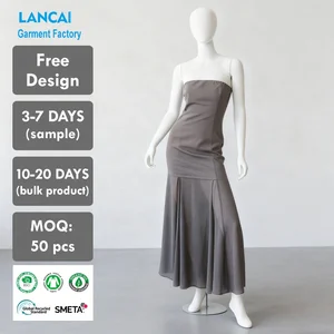 OEM Women Clothes Manufacturer Custom Strapless Semi-Sheer Mesh Panel Textured Draped Maxi Dress