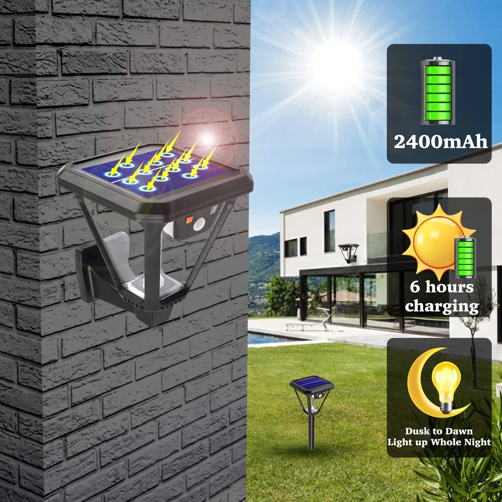 product 2 in 1ip65 waterproof 7000k 2400mah battery 2 colors wall landscape garden street patio led pir motion sensor solar lights-50