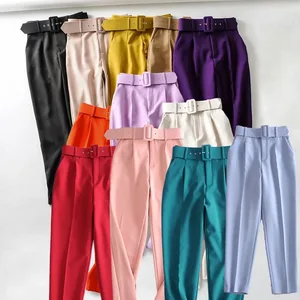 Candy Color High Waisted Women's Casual Cropped Pants With Belt Autumn Flat Front Trousers Pocket Decoration