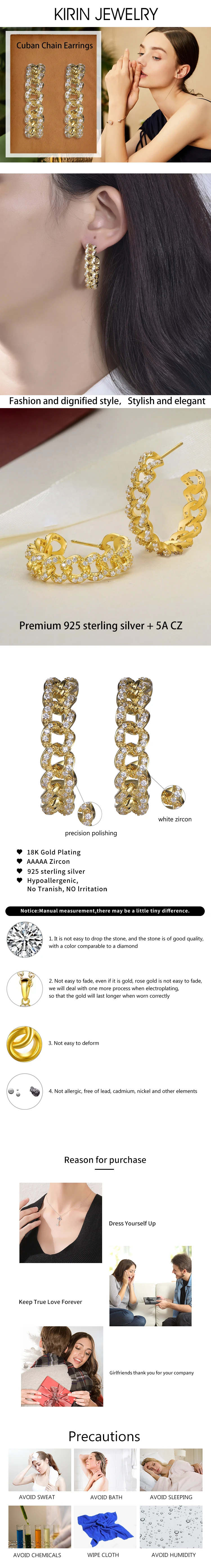 18K gold plated Earrings custom 5A CZ cuban chain link hoop earrings Hollow C Cuban Chain Hoop Stud Earrings