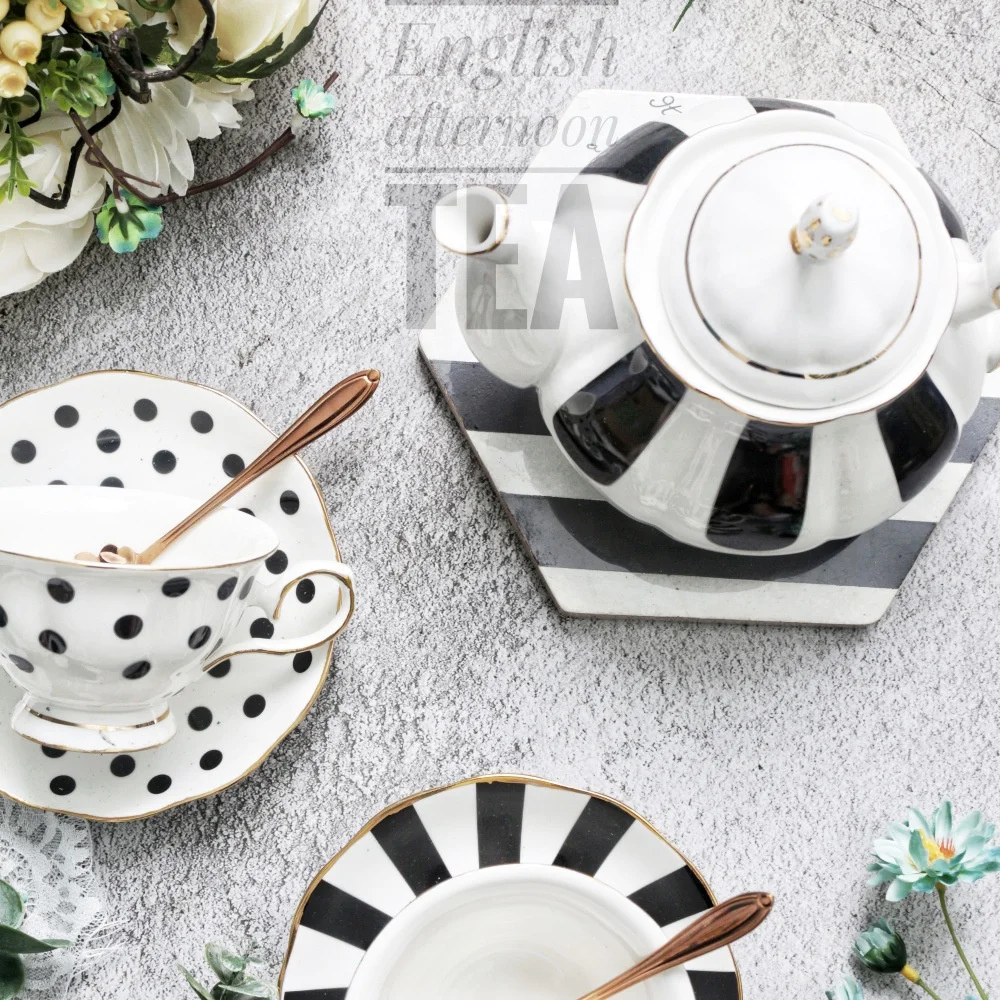 Vintage Black White Polka Dot Bone China Tea Cup Saucer Set, OEM