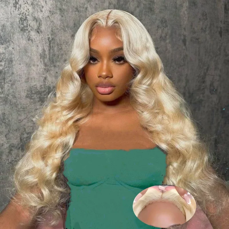 613 Loira Onda Corporal Peruca de Cabelo Humano Pré-cortado Fechamento de Renda Frontal Sem Cola 150% Densidade_voghion.com