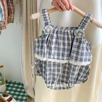 Summer thin baby girl Plaid lace onesie baby Western style cotton breathable sleeveless sling romper