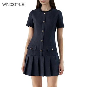 Dark Blue European American Women's Daily Short Sleeve Pleated Dress with Exquisite Buttons Decorations Pockets Included