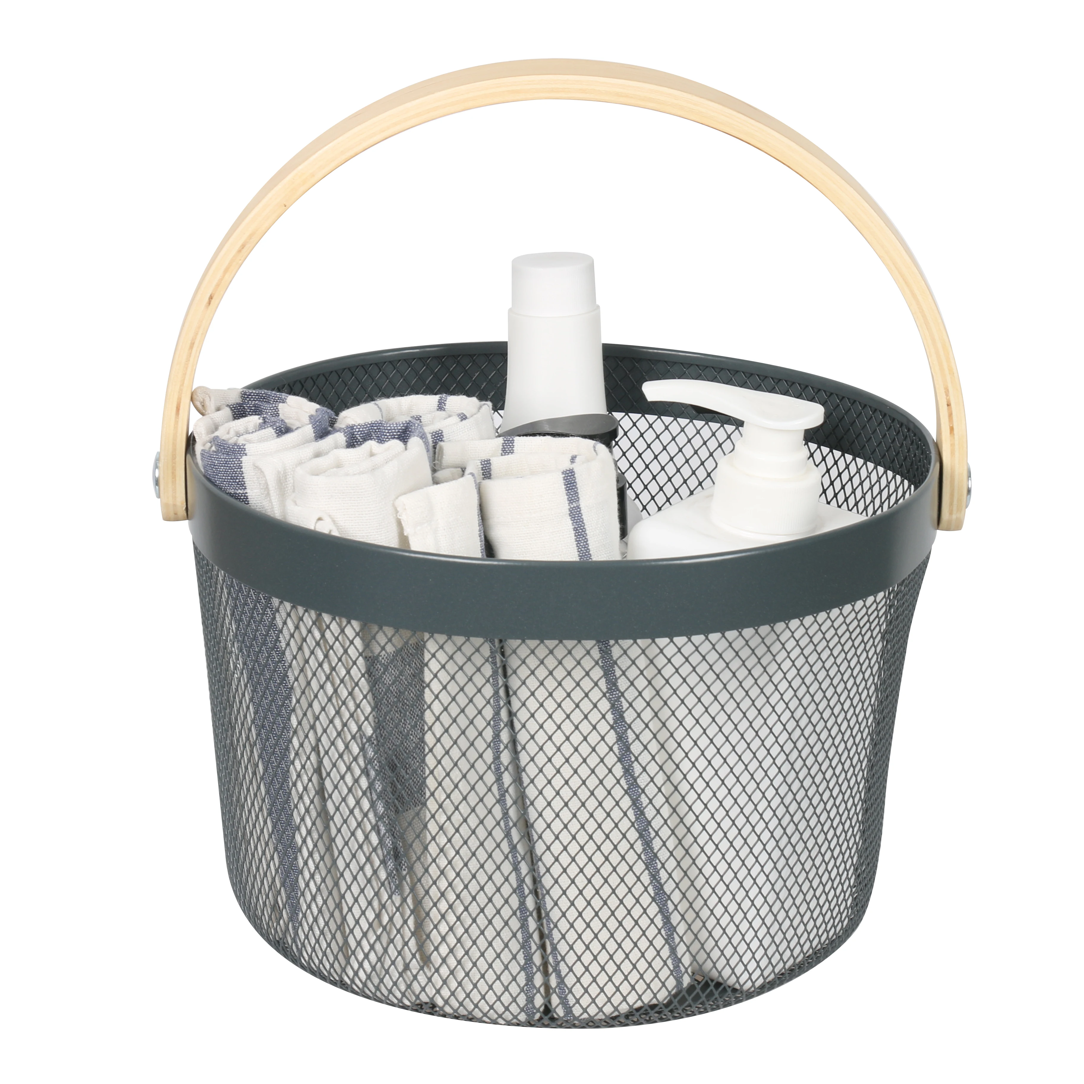 Sell Well Home Storage Baskets Kitchen Bath Toy Metal Organizer Wire Mesh Fruit Storage Basket With Wooden Handle