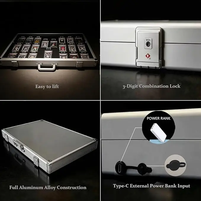 Aluminum Card Show Display Case, LED Lights and Lock for Display Case, Card Display Slot for Traded Grading Card Aluminum Card Show Display Case, LED Lights and Lock for Display Case, Card Display Slot for Traded Grading Card