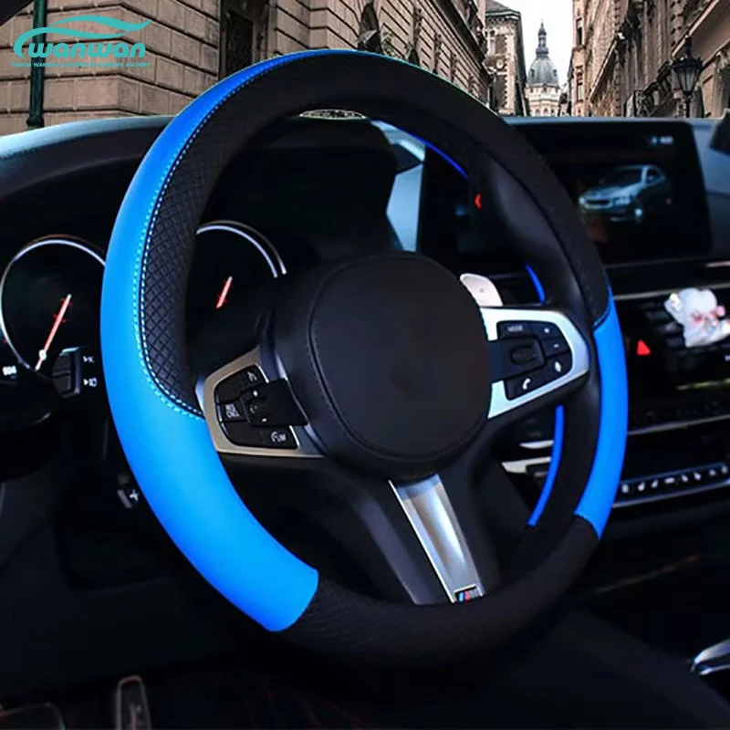 Sports-Style Leather Car Steering Wheel Cover Non-Slip Rubber Handle Protective Four Seasons Universal Car Decoration