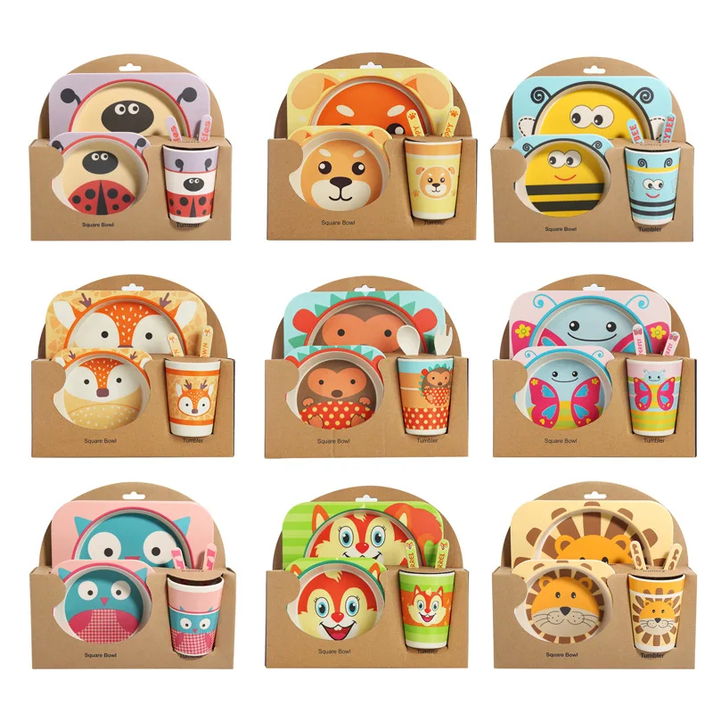 unbreakable cartoon bamboo fiber kids set gift packing colorful dinner dinnerware sets