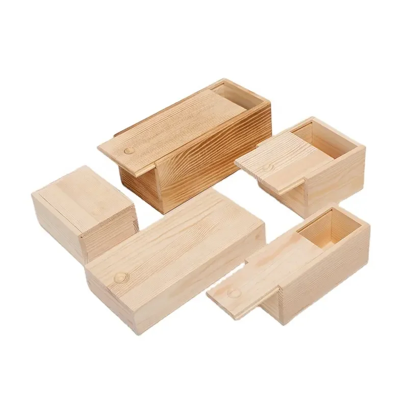 Customized Different Size Pine Wooden Slide Gift Packaging Sliding Lid Storage Blank Wooden Crafts Box with Depression in Top
