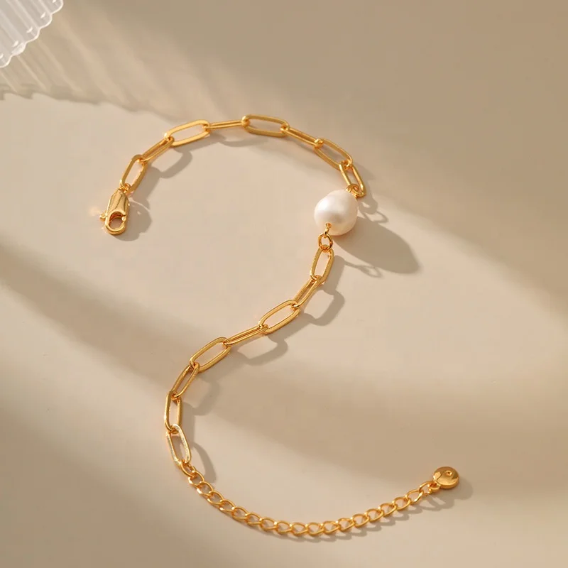 China Factory Made 18K Gold Plated Bracelet Natural Freshwater Irregular Baroqu Baroque Pearl Charm Bracelet Paper Clip Chain
