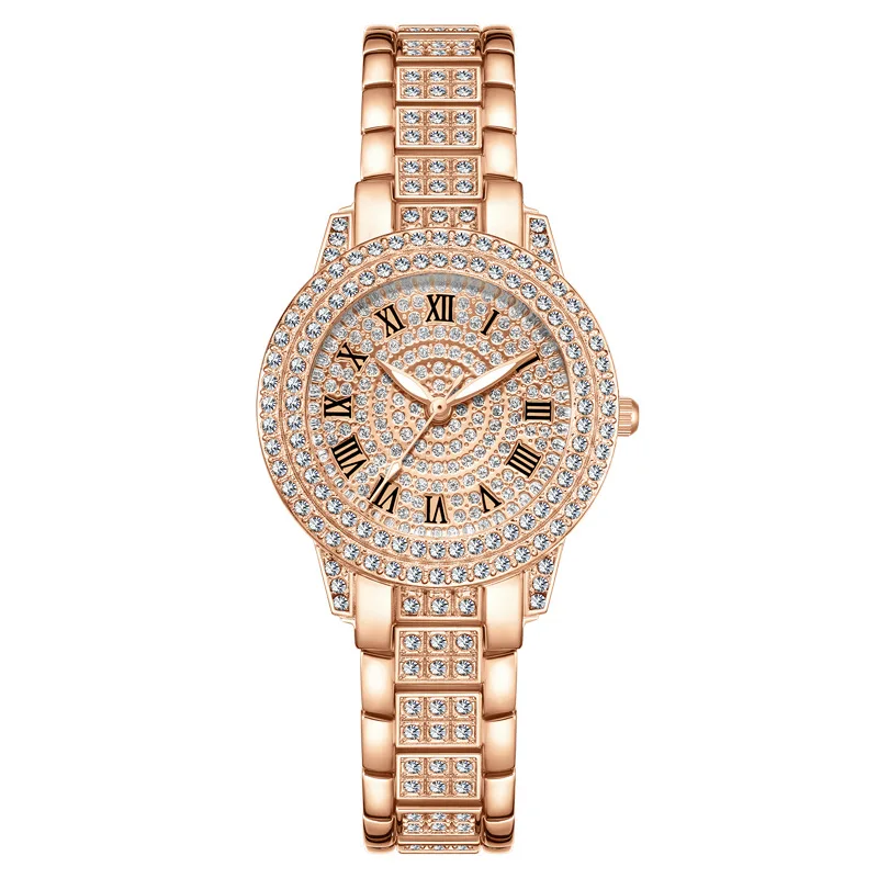 Fashion Female Diamond Wrist Watches Rose Gold Dial Quartz Glass Digital Stainless Steel Watch Alloy Unisex 6mm Round 20cm 60g