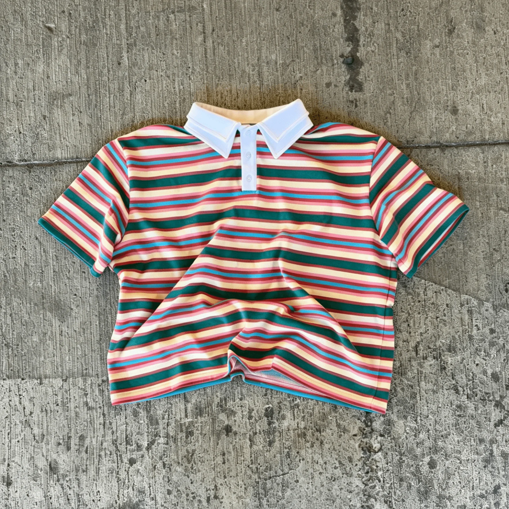 Wholesale Y2K Retro Men Multicolor Horizontal Stripe Double Layer White Collar Cropped Knit Short Sleeve Street Polo T Shirt gallery 7