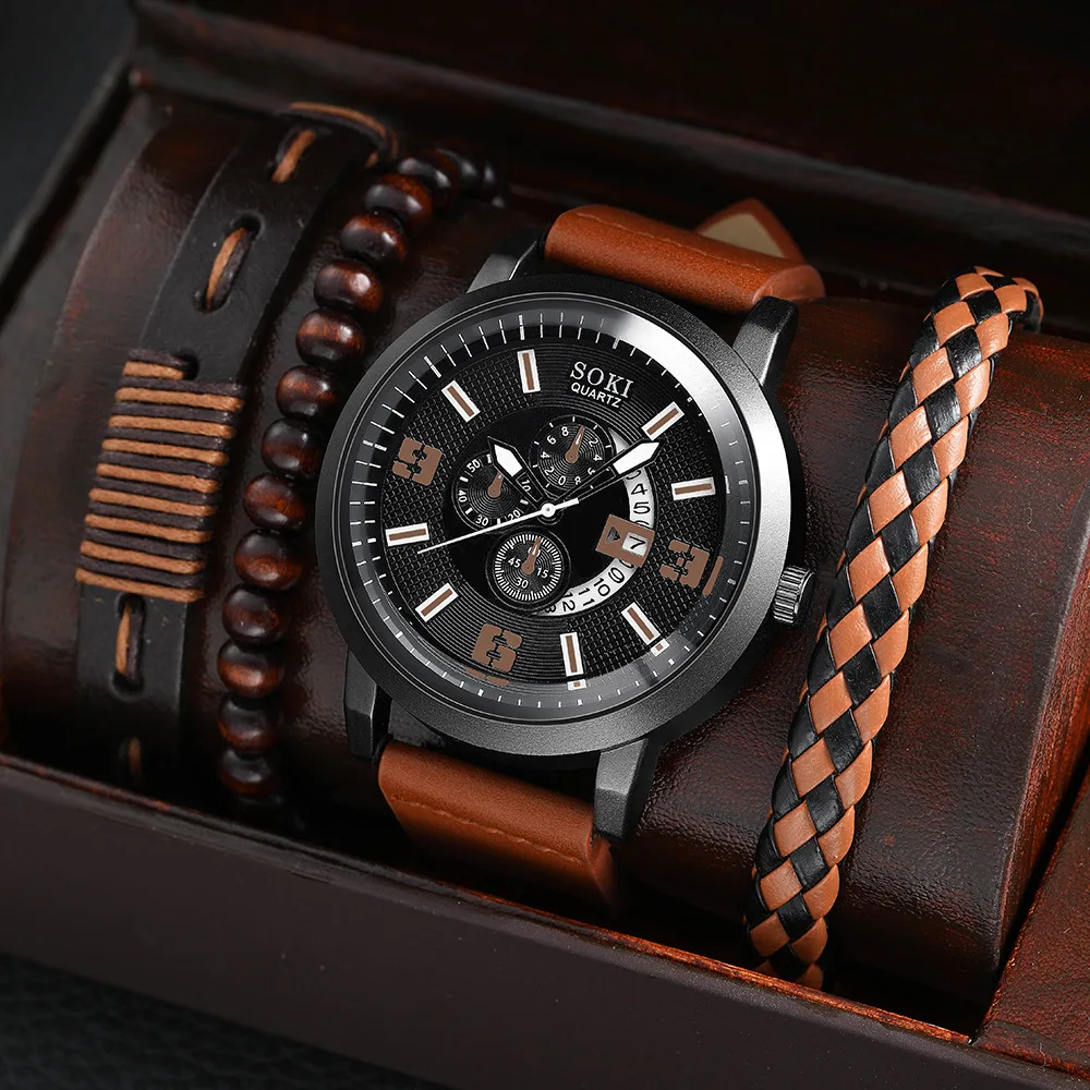 SOKI Brand Watch for Men Business Men Watch Gift Set Casual Leather Strap Number Date Quartz Wristwatches Fashion Watches Man