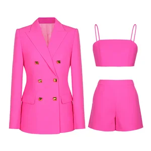Women's Fashion 3-Piece Office Blazer Set Solid Cotton Knitting Double Breasted Double Breasted Shorts Suits