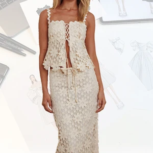 Summer Floral Embroidery Lace Bust Top Crochet Blouse Women Casual Shirt and  Hollow Out Elegant Skirt Bohemian  2 Piece Set