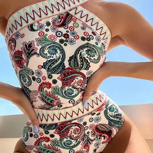 2023 European American Geometric Pattern One-Piece Slim Bikini Sexy Belly Covering Halter Knitted Waist Belt with OEM Service