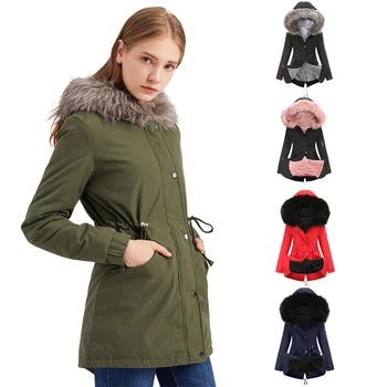 New Designer Warm Classic Fur Collar Hooded Quilted Jacket Slim Winter Army Green Velvet Parka Coat Women Cotton Padded Jacket