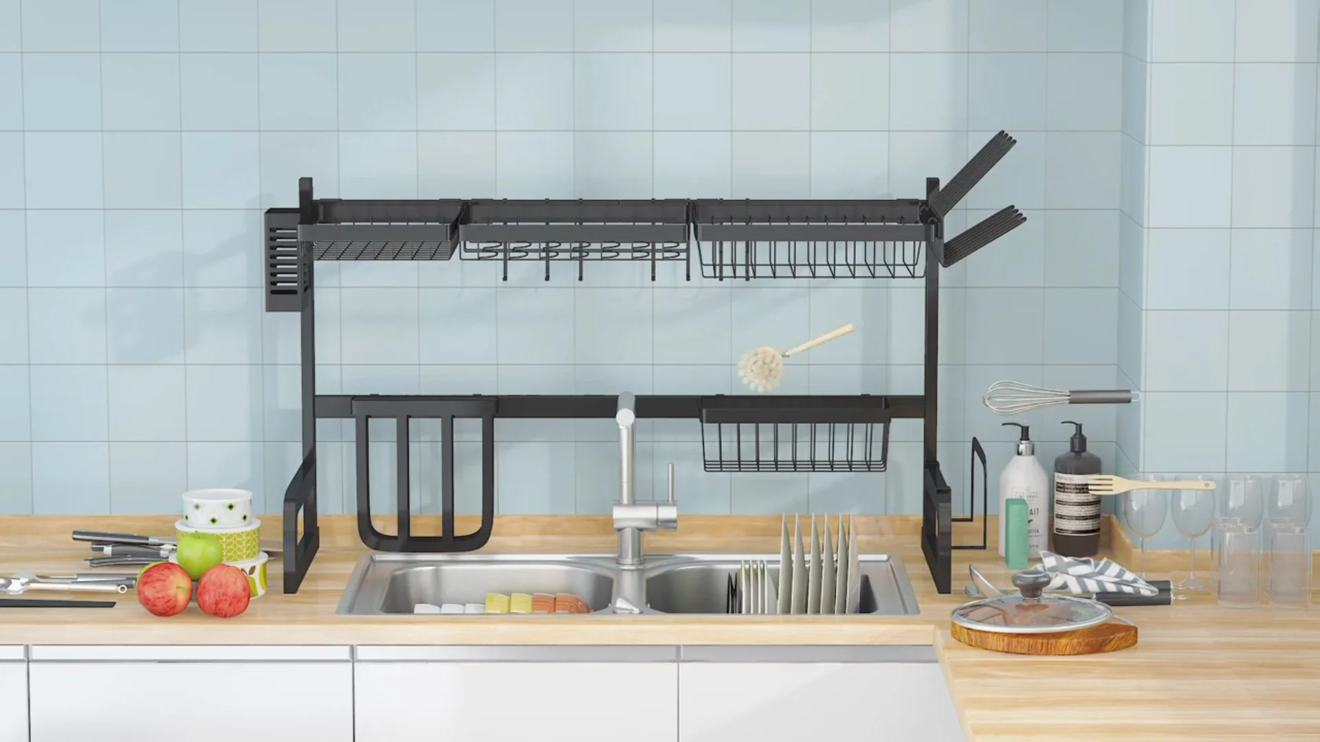 Oumilen Adjustable Stainless Steel Over Sink Dish Drying Rack - Black