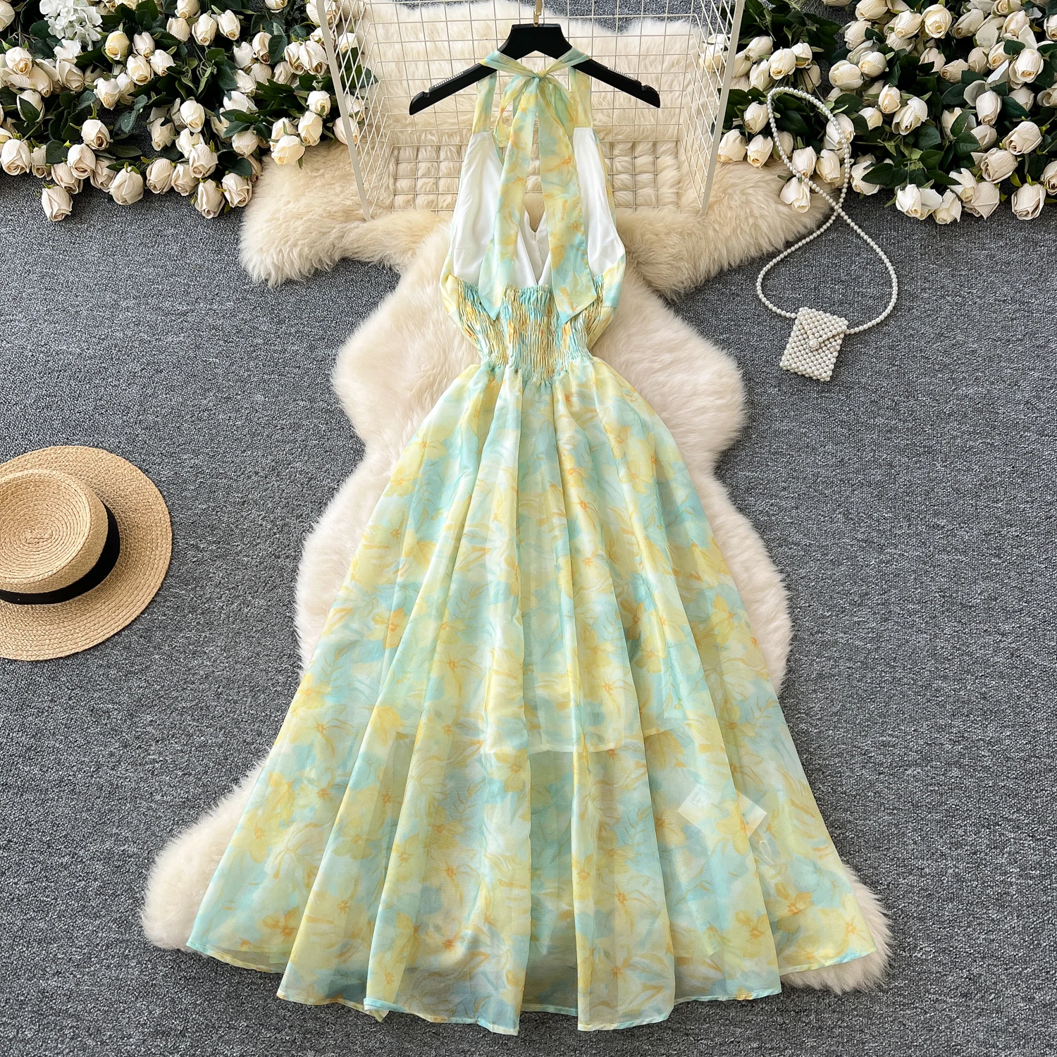 Halter Neck Natural Waist Woven Floral Chiffon Maxi Dress Women'S Bohemian  Summer Vacation Dress with Trumpet Silhouette